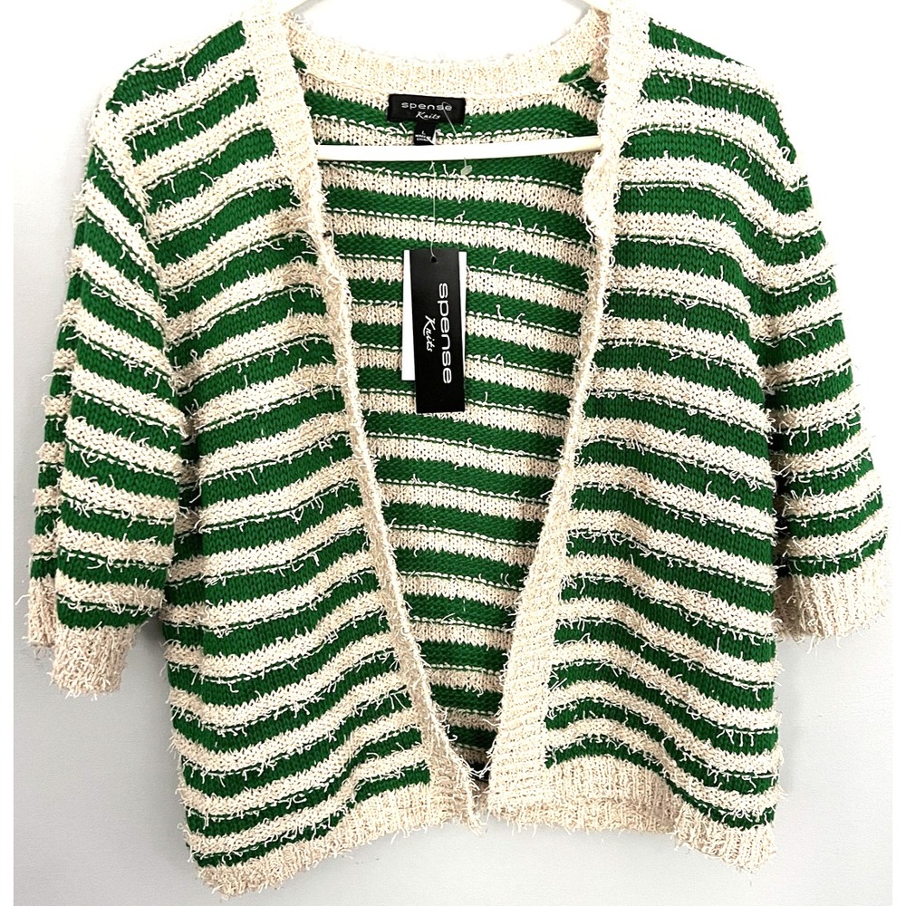 Spense Knits Cardigan‎ Sweater Women L Striped Open Front 3/4 Sleeve NWT